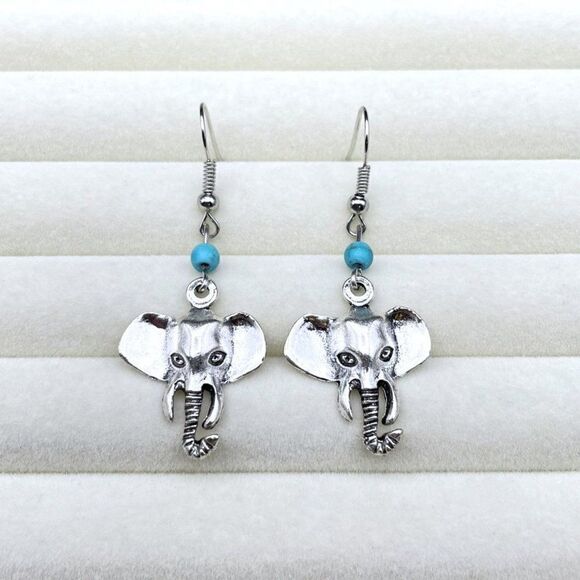 Silver Lucky Elephant and Blue Turquoise Beaded Boho Dangling Drop Hook Earrings - Picture 3 of 8